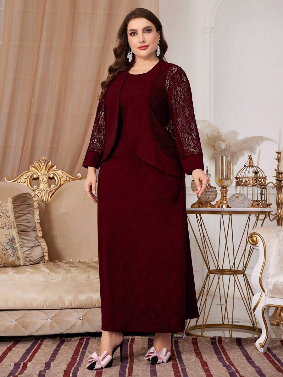 Modelyn Conjunto de 2 piezas de chaqueta con abertura frontal y mangas largas con aplicaciones de encaje en color rojo burdeos y vestido sin mangas, elegante, para tallas grandes, para primavera y otoño