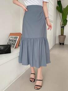DAZY Women Fashionable Solid Color High Waist Long A-Line Skirt