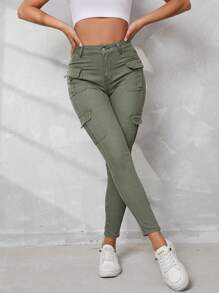 SHEIN Tall Women Tight-Fit Stretchy Denim Workwear Casual  Green Jeans - Army Green - View 6