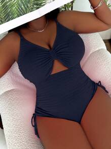 Slaydiva Traje de baño de una sola pieza de talla grande para playa en verano, de unicolor texturizado con cordón ajustable, ideal para atuendos de vacaciones - Azul Marino - Ver 1