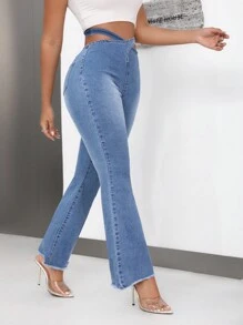 SHEIN SXY Casual High-Waist Cross Tie Slim Fit Flared Jeans - Medium Wash - View 3