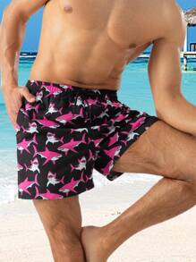 Manfinity Shorts de playa con cordón de cintura, estampado gráfico de tiburón, para hombre, para vacaciones