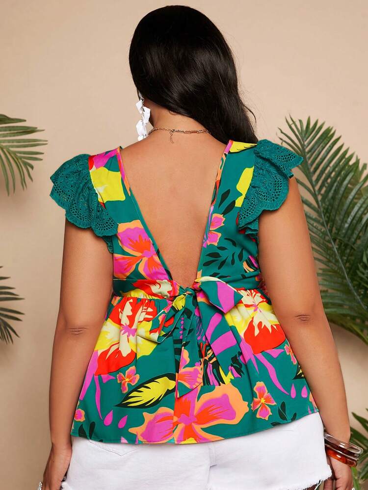 Plus Size Vacation Ruffle Edge Flutter Sleeve Shirt