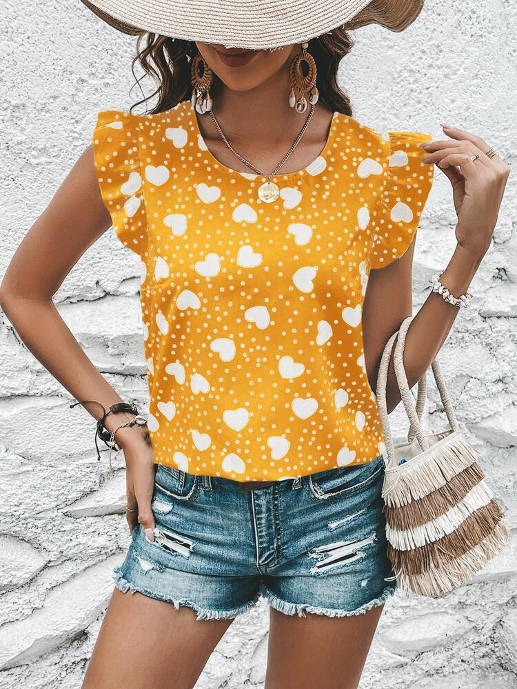 Ladies Spring/Summer Loose Shirt With Back-Knotted Heart, Polka-Dots And Printed Round Neckline And Cap Sleeves