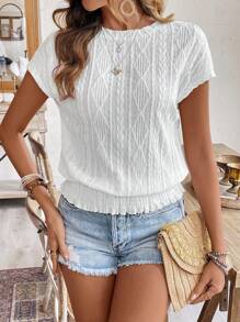 SHEIN Frenchy Ladies' Textured Fabric Round Neck Batwing Sleeve Summer Simple Vacation T-Shirt White