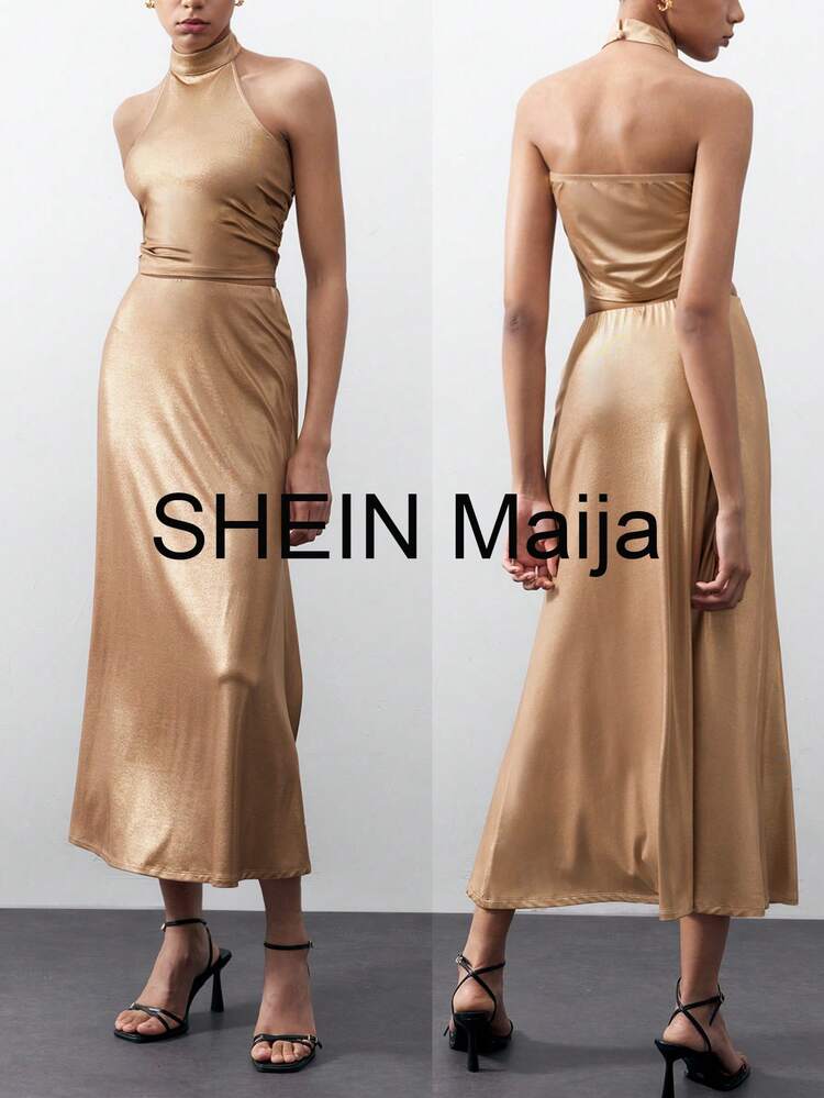 SHEIN Maija 여성용 여름 솔리드 컬러 크롭 탑, 홀터 넥, 롱 플레어 스커트 투피스 세트