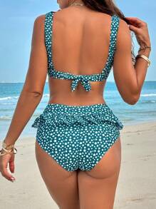 SHEIN Swim Women's Floral Printed Ruffled Two-Piece Bikini Set Summer Beach - Green - View 3