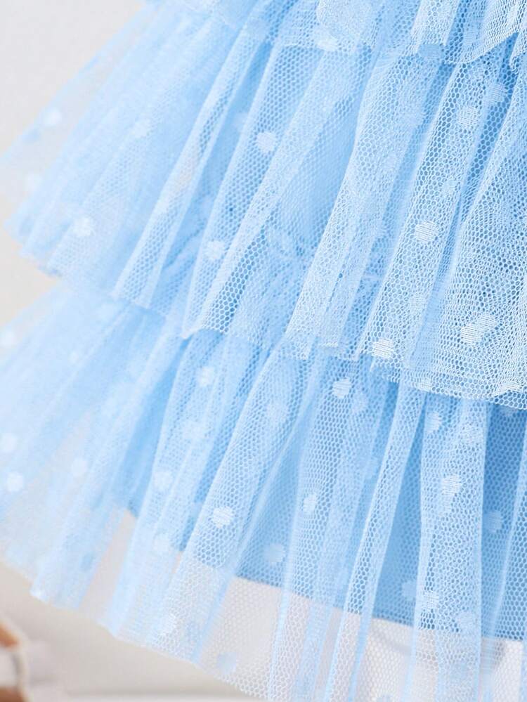 Baby Girl Polka Dot Tulle Patchwork Layered Cake Dress Double-Breasted Suit Collar Dress