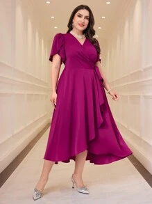 Modelyn 时尚不对称下摆 V 领长款大码女士连衣裙、婚礼宾客礼服长款晚礼服 - 玫紅色 - 查看 7