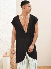 Manfinity BRENVOR Men Festival Clothing Spring Summer Bohemian Music Festival Vacation Woven Casual Hooded Loose Shirt - Black - View 6