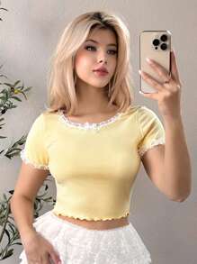 SHEIN ICON Short Sleeve Lace Patchwork Crop Top  Y2K Yellow Bow Cute Pastel Diagonal T-Shirt Suitable For Summer - Yellow - View 4