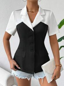 Calvaya Camisa de manga corta con colores contrastantes y diseño 2 en 1 para un aspecto casual y elegante, de moda y cautivadora