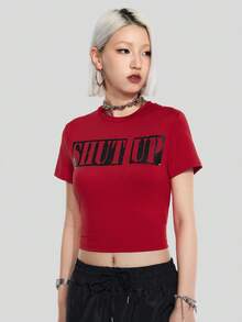 SHEIN Coolane Mùa hè giản dị Thon gọn Ngắn tay Vòng cổ Áo thun Với In thư - Đỏ - Xem 5