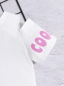 SHEIN Baby Girls' Leisure Solid Color Round Neck Stylish Off-Shoulder Short Sleeve Top And Cute Cartoon Digital Printed Suspenders Shorts Set, Summer - Multicolor - View 7