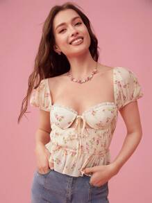 Enchnt Women Summer Sweetheart Collar Floral Print Front Tie Shirt