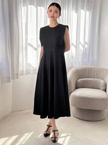 FRIFUL Women Summer Solid Color Round Neck Batwing Sleeves Long Casual Simple Dress Sundress