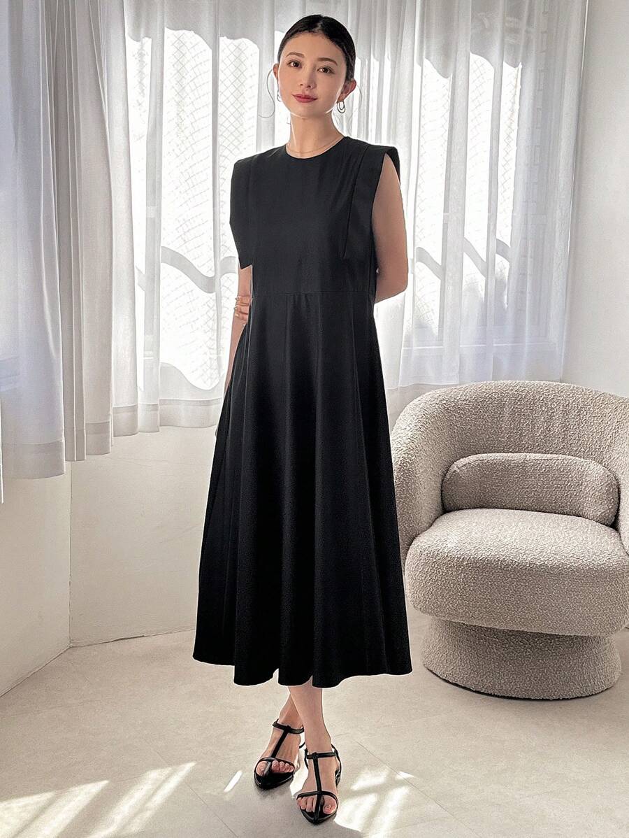 FRIFUL Women Summer Solid Color Round Neck Batwing Sleeves Long Casual Simple Dress Sundress