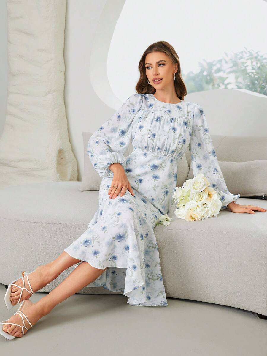Modelyn Phụ Nữ Mùa Hè Họa Tiết Tay Phồng Cổ Tròn Đuôi Cá Viền Đầm Thanh Lịch - Nhiều màu - Xem 1