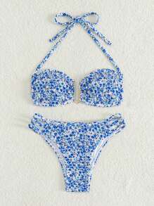 SHEIN Swim Women Padded Halter Full Print Bikini Set For Summer Swimming,Summer Beach - Blue - View 5