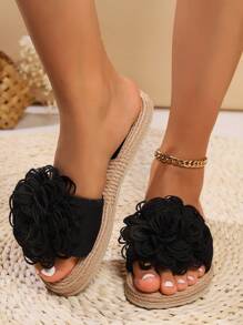 Women Fashion Flat Sandals Beige Flowers Slip On Slides Fashion Sandals For Women Casual Summer Beach Shoes