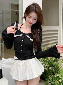 DAZY 女性時尚百搭甜美Preppy風格緊身長袖T恤 - 黑色 - 查看 3