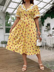 SHEIN Clasi 女士櫻花印花大碼連衣裙，蕾絲修飾裝飾 - 黃色 - 查看 4