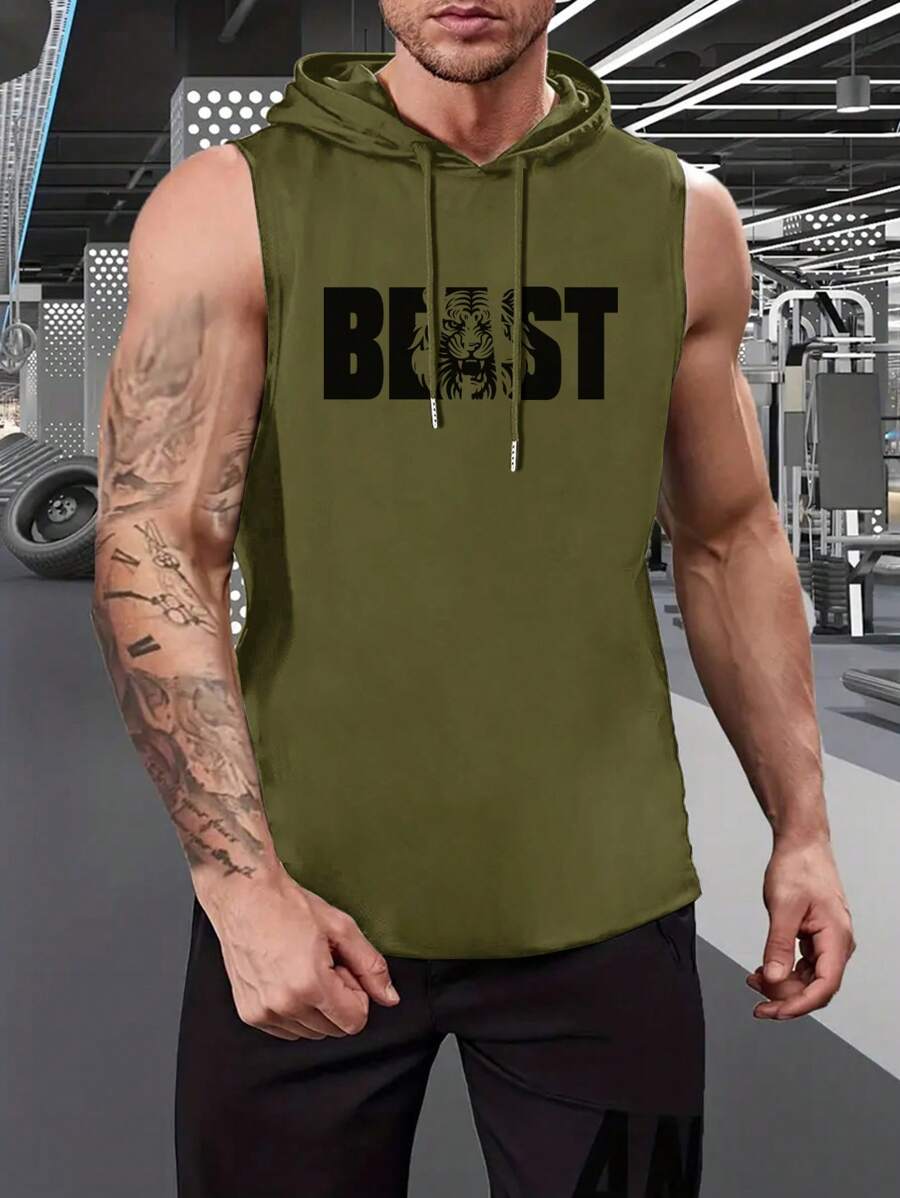 Nam Mùa hè Thể thao Thời gian rảnh rỗi Dây rút áo có mũ Áo ba lỗ Với In thư - xanh quân đội - Xem 1