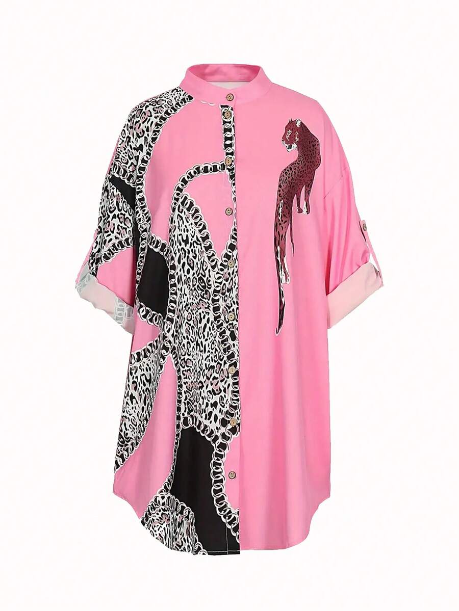 SHEIN LUNE Plus Size Nữ Thời trang Váy in hình cổ đứng bất đối xứng - Nhiều màu - Xem 1