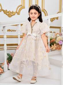 SHEIN Young Girl's Elegant Embroidered Lantern Sleeve Long Dress