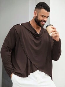 Manfinity Homme Men\ Plus Size Solid Color Wrap Asymmetric Hem Long Sleeve Casual Shirt - Coffee Brown - View 10