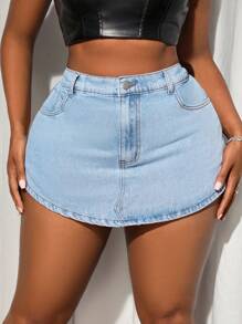 Slaydiva Skort sexy din denim non-stretch, la modă și versatilă - Albastru - Vizualizare 3
