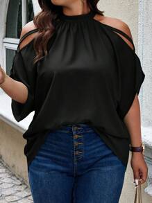 Calvaya Plus Size Summer Casual Solid Color Cold Shoulder Batwing Sleeve Shirt - Black - View 4