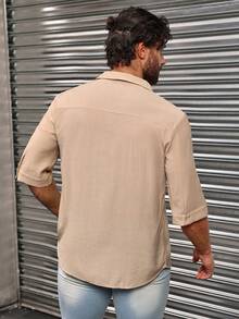 Men Solid Color Casual 3/4 Sleeve Shirt, Perfect For Spring And Summer Daily Outfits - Apricot - View 2
