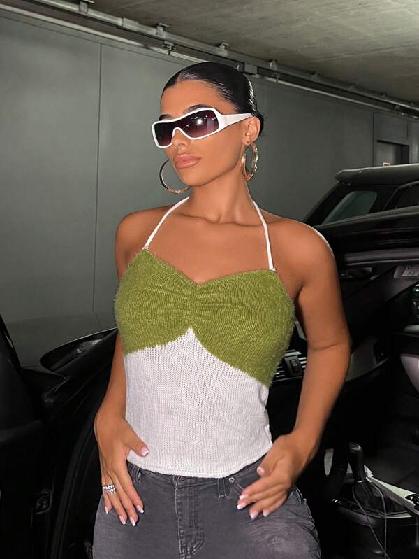 SHEIN ICON Top din tricot cu șalter fără spate în două tonuri