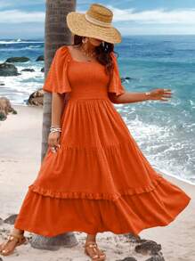 Breezaya Plus Size Women Seaside Vacation Square Neck Ruffle Short-Sleeve Textured Cutout Long Dress