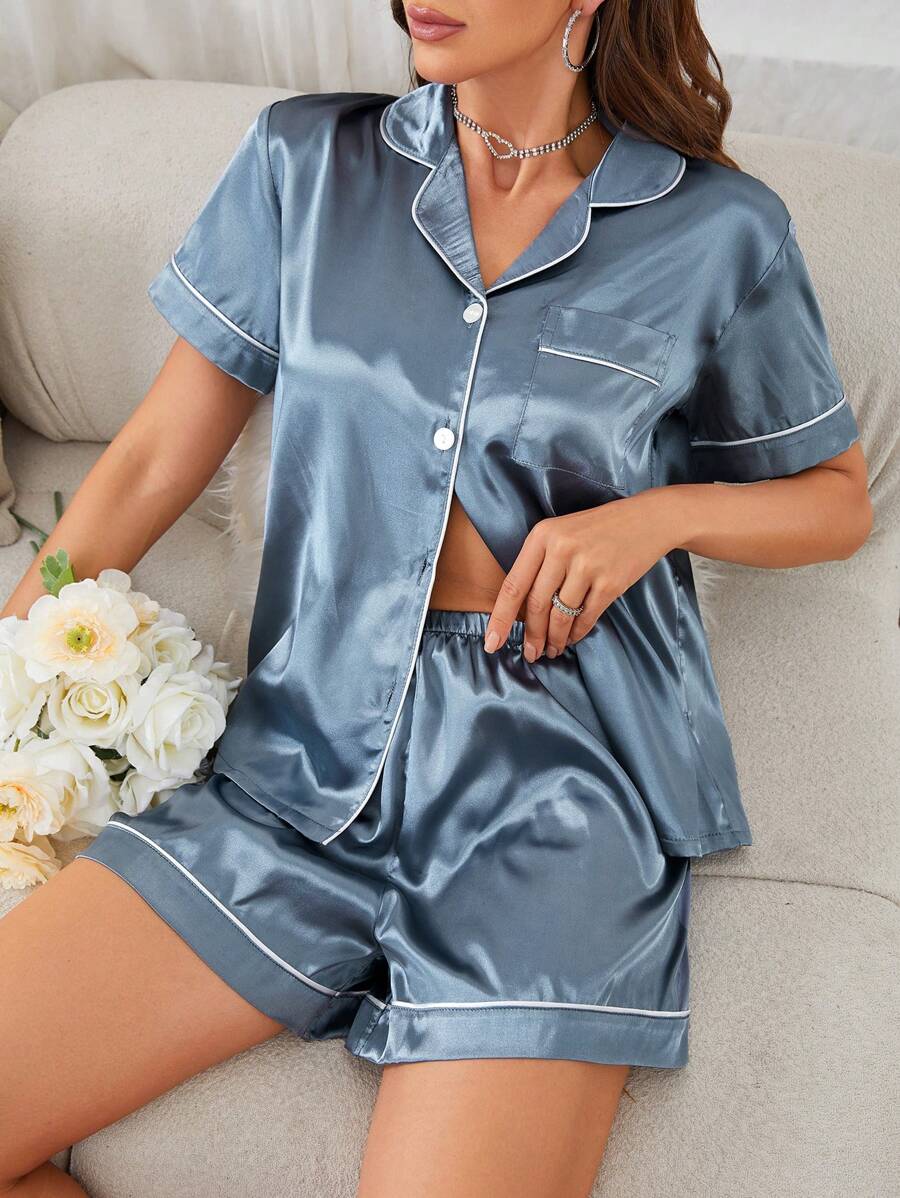 SHEIN Women Piping Short Sleeve Turn-Down Collar Single Breasted Top And Loose Shorts Pajama Set - Dusty Blue - View 1