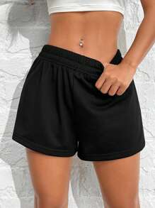 SHEIN PETITE 2 Packs Solid Elastic Waist Track Summer Outfits Shorts - Multicolor - View 9