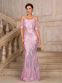 SHEIN Belle Damen wunderschönes, elegantes und würdevolles, lotusrosa glänzendes, luxuriöses Wendersequin-Gewebe Spaghettiträger-Trägerloses Kleid mit tiefem V-Ausschnitt und Fishtail Saum. Eltern-Kind-Kleider geeignet für elterliche Aktivitäten, Hochzeitssaison, Muttertag, Musikfestival, Abschlussfeier Abendball-Party, formale Code Frauen Abend- und Abschlussballkleider. - Altrosa - Übersicht 8