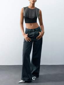 Maija 女式時尚流蘇細節圓領無袖短款背心 - 黑色 - 查看 4