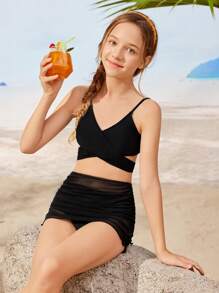 Tween Girl 纯色交叉肩带胸罩上衣和三角形下装比基尼套装，适合海滩度假，搭配网眼罩裙夏季海滩 - 黑色 - 查看 7