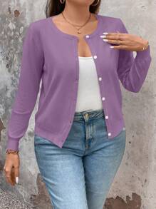 SHEIN LUNE Women Plain Simple Daily Plus-Size Cardigan Fall Winter Cloth For Women Autumn - Mauve Purple - View 4