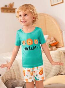 Young Boys' Simple Allover Print Animal Pattern Round Neck Short Sleeve Top 2pcs With Pants 3pcs Combination Set, Suitable As Snug Fit Home Wear - Multicolor - View 5