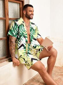 Manfinity Homme Conjunto de camisa hawaiana de manga corta con estampado y pantalones cortos de estilo vacacional para hombres de talla grande, playa, kimono, gráfico, vacaciones, colorido, palmera - Multicolor - Ver 6