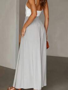 Plus Size Women Ruffle Hem Tie Waist Pocket Wide Leg Culottes - Grey - View 3