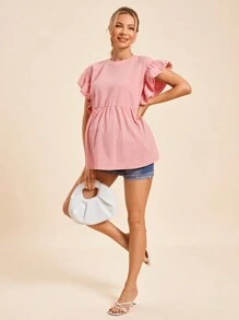 SHEIN Maternity Young & Casual Round Neck Double-Layered Loose Top With Ruffle Sleeves And Back Half-Opening Button - Pink - View 1