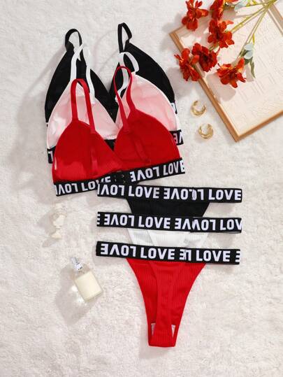 Contrast Letter Tape Women BH Slipje Lingerie Set, Pieces/Set Sports view 2