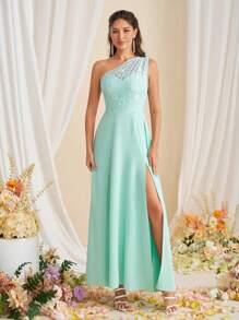 SHEIN Belle Vestido de madrinha elegante com fenda de renda, vestido simples de um ombro - Verde - Ver 5