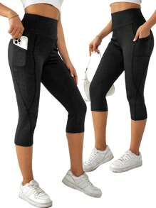 SHEIN Essnce Vrouwen Hoge taille Capri Leggings Met Zakken , Buik controle , Niet-transparant , Training & Yoga Broek