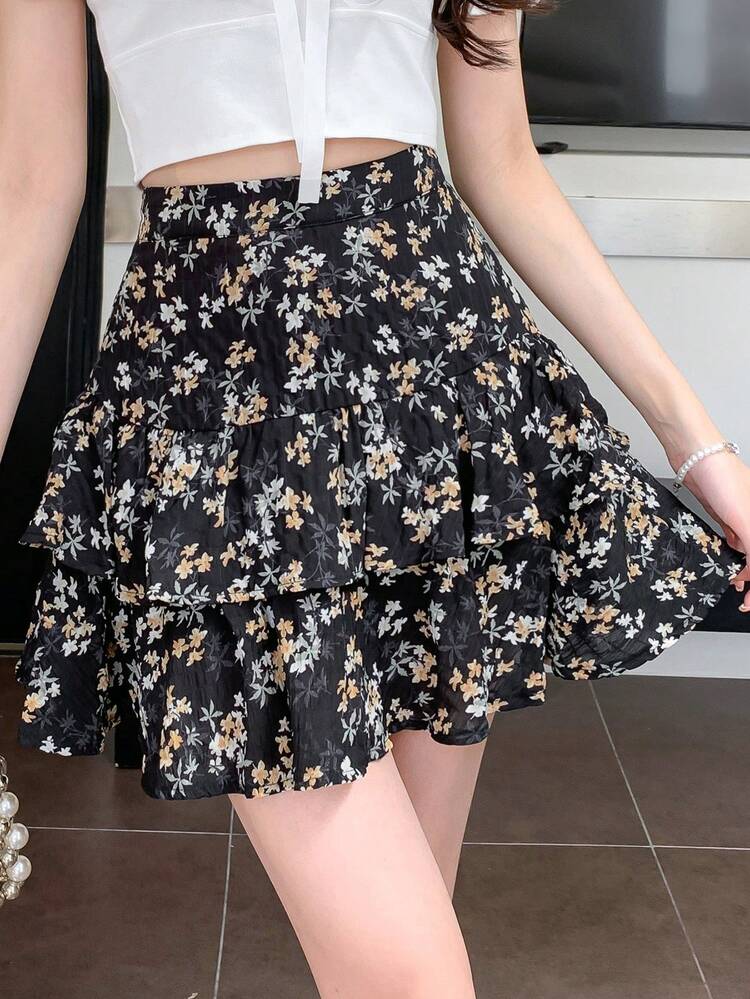 Women Vacation-Style Double-Layered Ruffled Hem Floral Print Skirt Boho