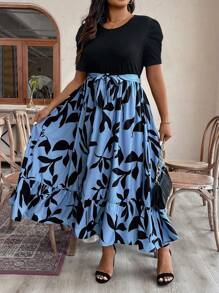 SHEIN LUNE Vestido Casual De Talla Grande Con Estampado De Plantas Y Parches, Cuello Redondo Y Manga Corta - Negro - Ver 1